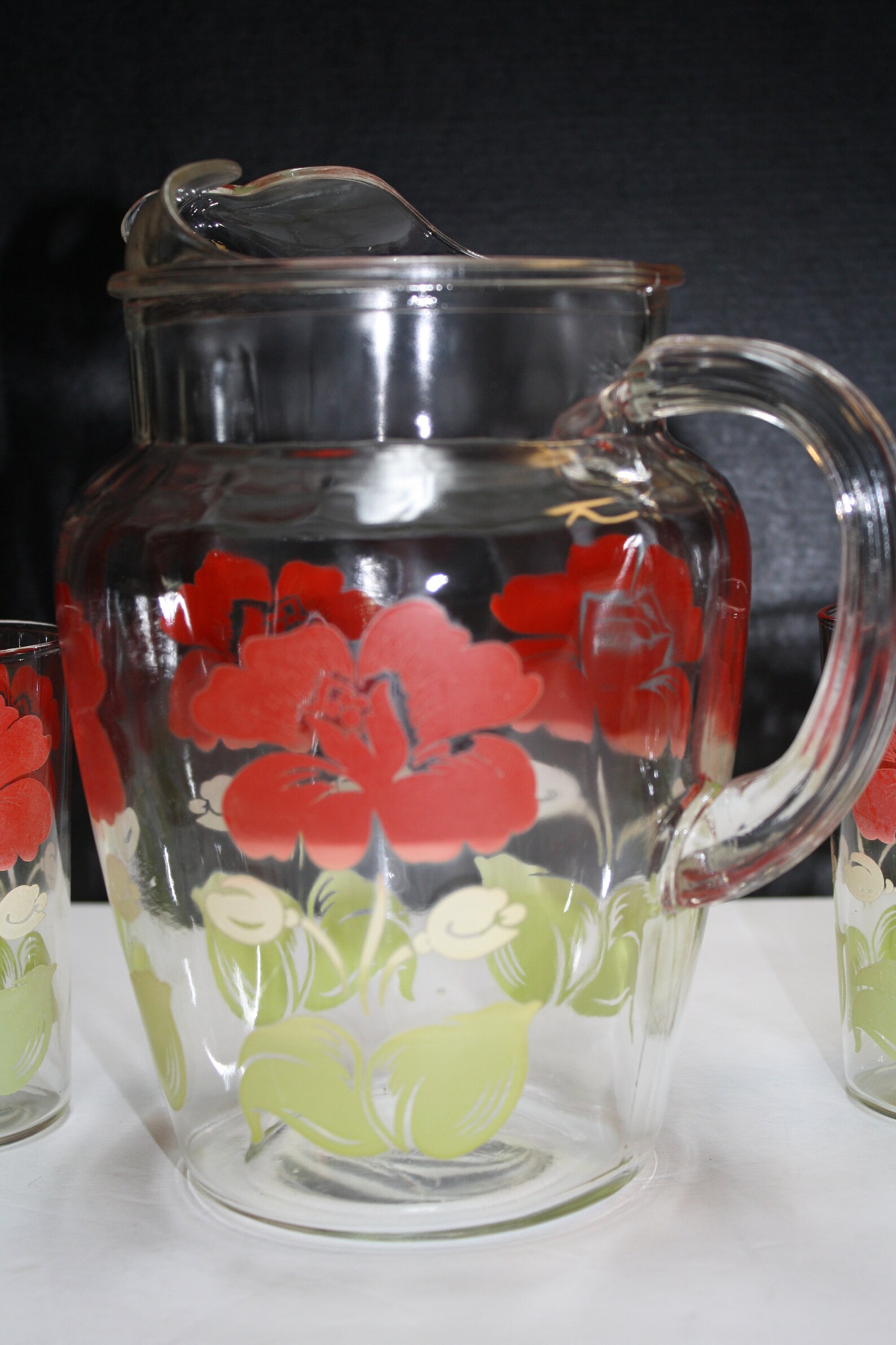 MidCentury Red Flower Pattern Glass and Pitcher Set Etsy