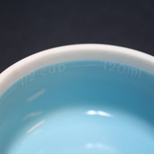 May include: Close-up of a measuring cup with a white rim and a light blue interior. The text "1/2 cup" and "120ml" are printed on the inside of the cup, indicating the measurement capacity. The cup is designed for measuring liquid or dry ingredients.