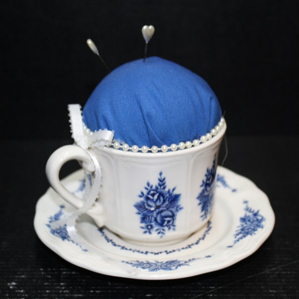 Handmade Sewists Pin Cushion w/Vintage Blue and White Cup & Saucer