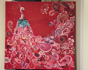 original Acrylic painting =  Peacock with koi fish on Large Canvas Art, Canvas Painting