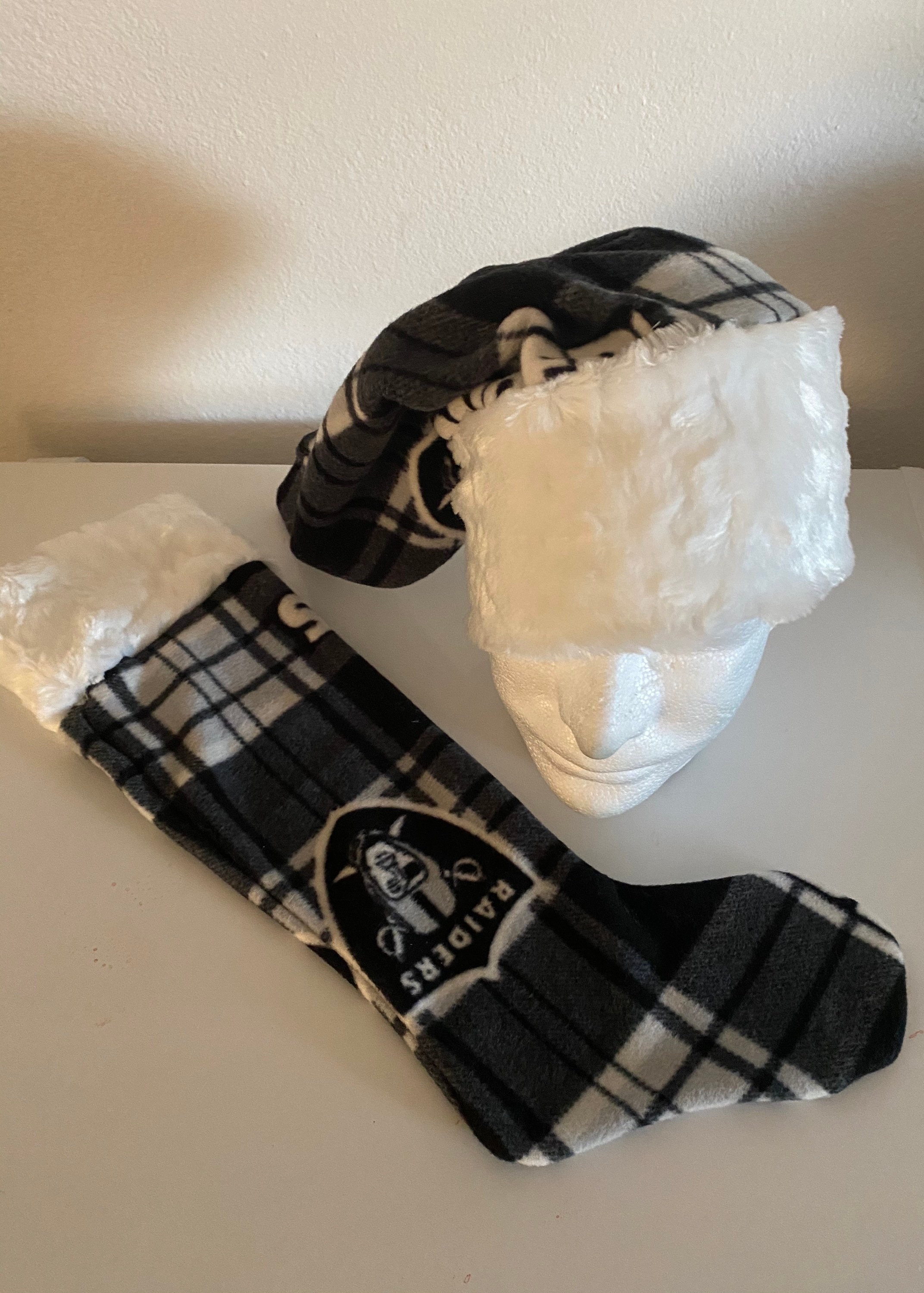 Raiders Plaid Santa Hat and Stocking 