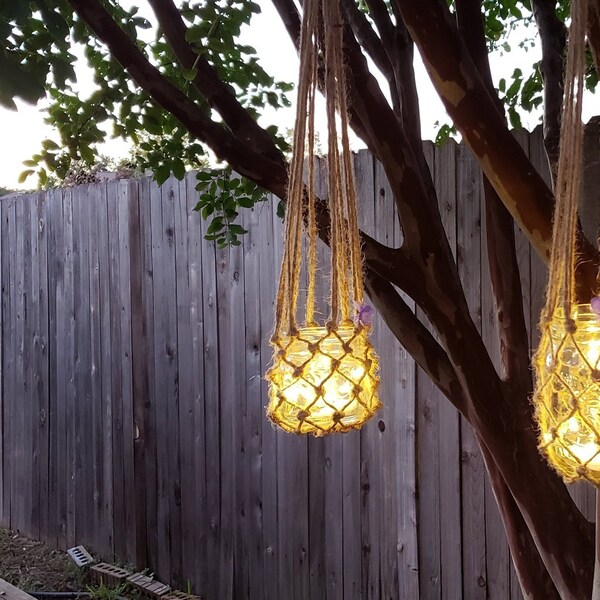 Hanging Jute Fairy Lights, Hanging tea lights, Garden Luminaries, Landscape lighting