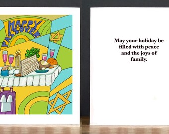 Passover Greeting Card: Seder, Torah, and Stars of David