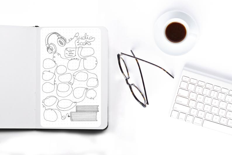 May include: A black and white printable audiobook tracker with a headphone icon and the text "Audio Books". The tracker has 15 circles for listing audiobooks.