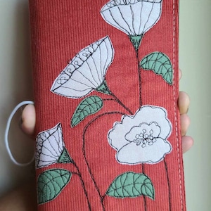 White Poppies on Burnt Orange Corduroy Travelers Notebook,Stalogy,Hobonichi Techo,Passport,faux dori,Notebook Fabric Cover
