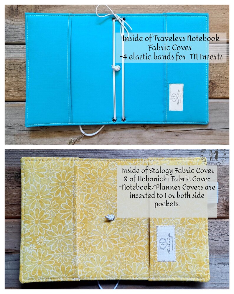 Peut inclure: Deux couvertures de carnet en tissu ouvertes. La couverture sup&eacute;rieure est bleu turquoise avec quatre bandes &eacute;lastiques. La couverture inf&eacute;rieure est jaune avec un motif floral blanc. Les deux couvertures portent une &eacute;tiquette indiquant "Mawin Lor Crafts". Le texte sur les couvertures indique : "Inside of Travelers Notebook Fabric Cover - 4 elastic bands for TN Inserts" et "Inside of Stalogy Fabric Cover & of Hobonichi Fabric Cover - Notebook/Planner Covers are inserted to 1 or both side pockets."