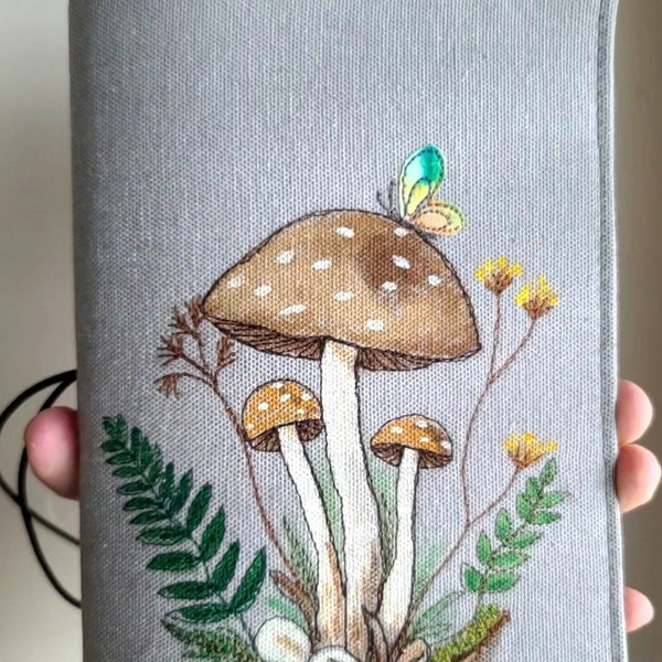 Brown/Red Mushrooms Free Motion Embroidery Stalogy, Hobonichi Techo,Travelers Notebook Fabric Cover,Passport,Planner ,Journal Cover