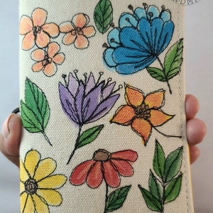 Flower Doodles Canvas Travelers Notebook,Stalogy,Hobonichi Techo Fabric Notebook Cover,Passport cover,faux dori, Free Motion Embroidery