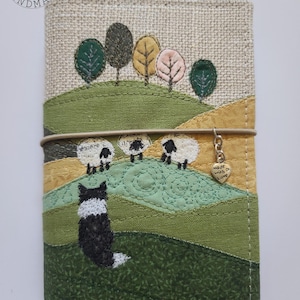 Sheepdog Landscape Fabric Cover, Free Motion Embroidery Journal, Stalogy Hobonichi Passport
