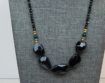 Statement Necklace - Beautiful Black Spinel, Green onyx and Pyrite, Natural Gemstone Beads, Handmade, elegant, black necklace, gift idea