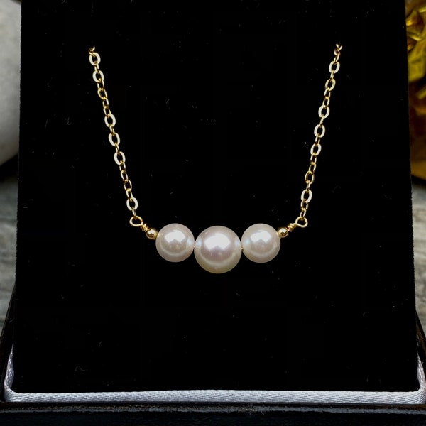 3 Akoya Pearls bar Necklaces, 14k Gold filled, pearls necklace, gift for her, anniversary gift, women necklace, Friendship gift