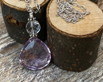 Amethyst necklace, big teardrop necklace in Sterling Silver chain, gifts idea, February birthstone, free  shipping, holidays gift for her