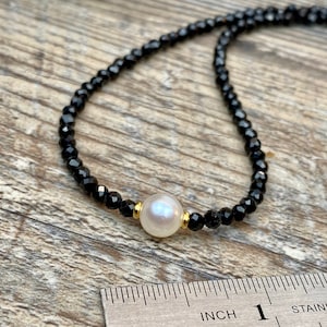 Choker necklace, Akoya Pearl with black spinel gemstones necklace, gift for her, minimalist everyday layering necklace, statement necklace