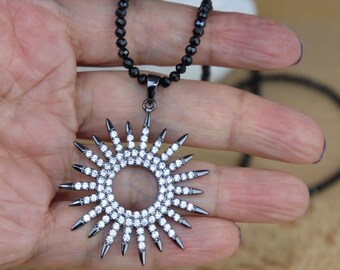 Sun Necklace, Black Spinel Gemstones Beaded Necklace with 925 silver Sun Pendant, gift for her and mom