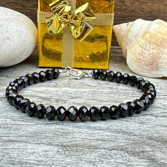 Black Spinel Beaded Bracelet: 6mm or 5mm Sterling Silver Clasp