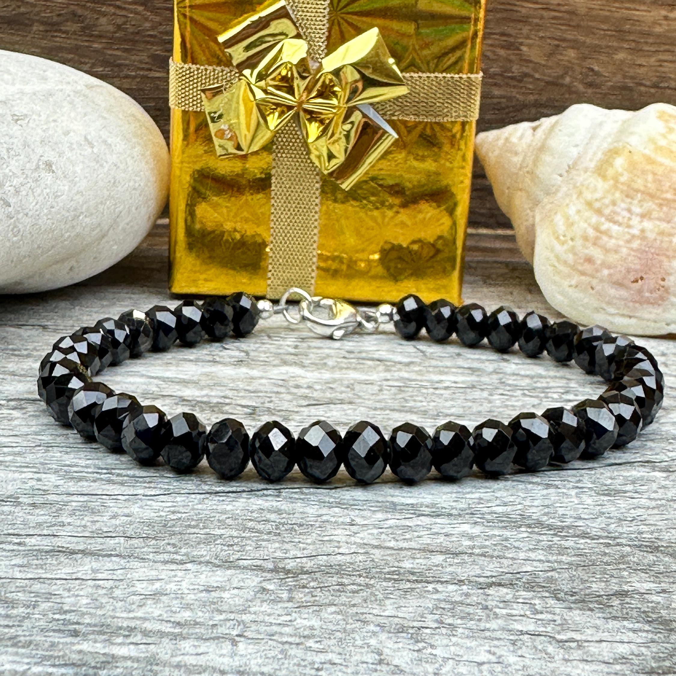 Black Spinel Beaded Bracelet: 6mm or 5mm Sterling Silver Clasp