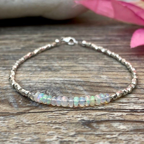 Ethiopian opal & Karen Hill Tribe  bracelet, holidays gifts idea, bracelet for women, minimalist skinny bracelet, Delicate layering bracelet