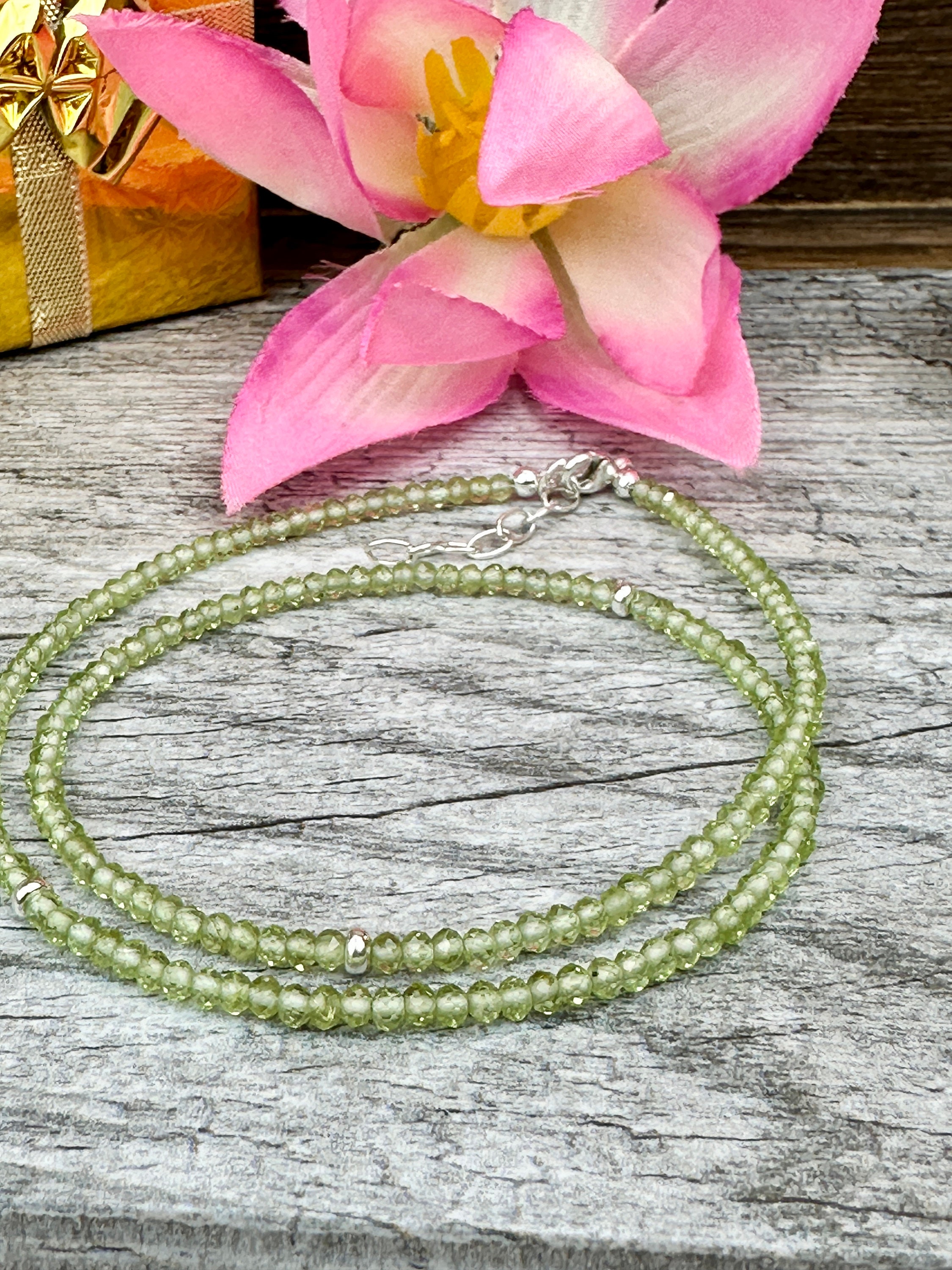 Collana In Argento 925 Con Peridoto Naturale 3mm | Lunghezza 40cm | Regalo Compleanno Agosto
