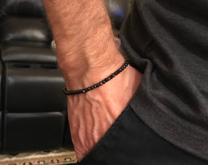 Black Spinel Gemstone Bracelet: Sterling Silver Beaded Bracelet for Men