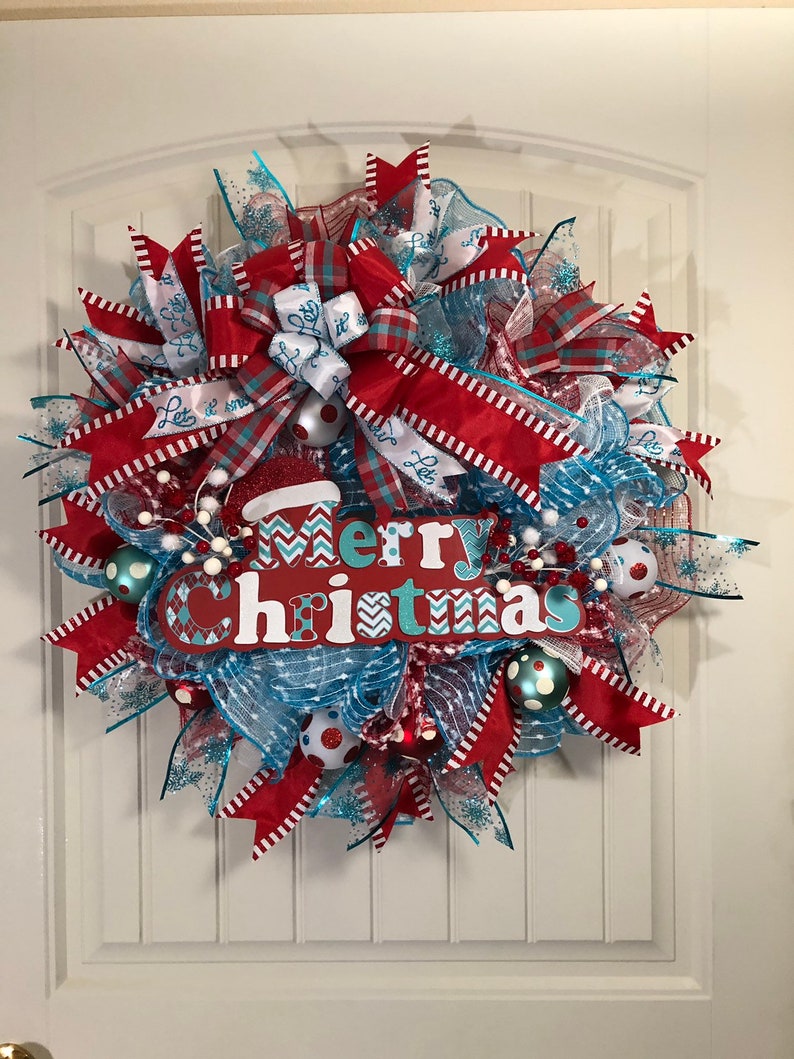 Kats Creations 777 Holiday Front Door Decor Merry Christmas Wreath Red Blue White Xmas Wreath