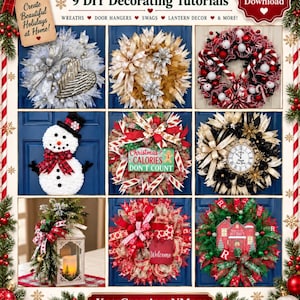 Puede incluir: Un folleto digital titulado Holiday Bundle 9 DIY Decorating Tutorials que muestra nueve imágenes de coronas, un muñeco de nieve y un farol. El texto incluye Create Beautiful Holidays at Home, Instant Digital Download y KatsCreationsNMore.