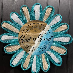 Storm Door Beach Wreath, Religious Daisy Chain Front Door Decor, Flower Shaped Porch Decoration, God is Good All the Time Wall Hanging,