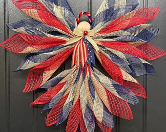 Patriotic Americana Angel Wreath, 4th of July Country Front Door Decor, Seasonal Porch Decoration, Holiday Wall Hanger, KatsCreationsNMore