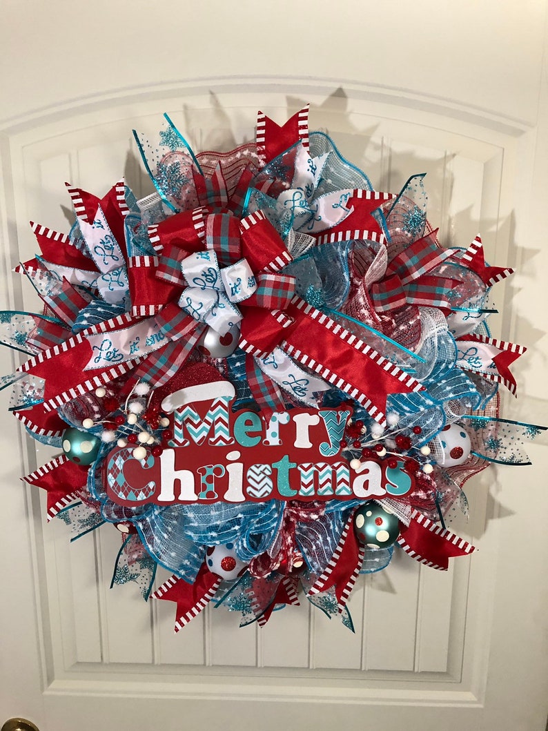 Kats Creations 777 Holiday Front Door Decor Merry Christmas Wreath Red Blue White Xmas Wreath