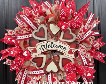 Valentines Welcome Wreath, Heart Front Door Decor, Gift For Her, Romantic Porch Decoration, KatsCreationsNMore, Anniversary Present