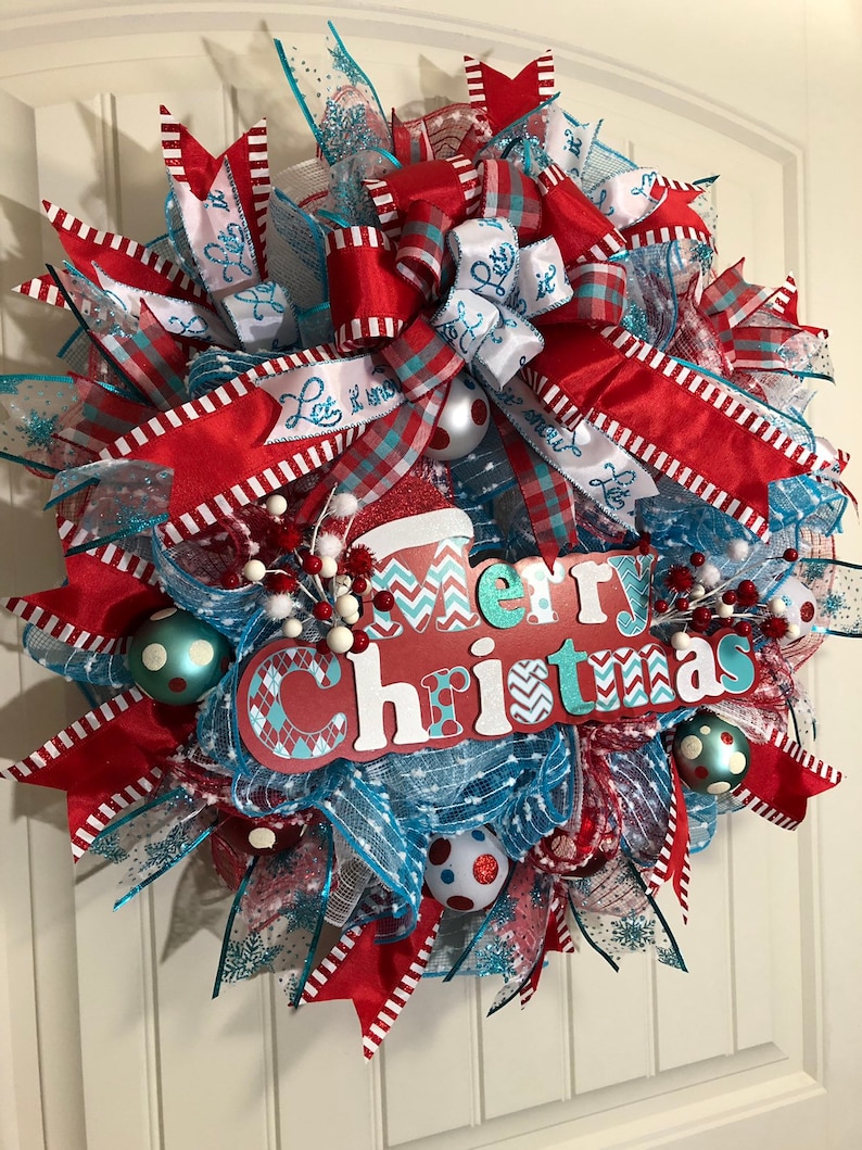Kats Creations 777 Holiday Front Door Decor Merry Christmas Wreath Red Blue White Xmas Wreath