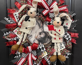 White Rabbits House of Cards Wreath, Front Door Decor, Party Decorations, Game Room Wall Hanging, Gift for Her, KatsCreationsNMore