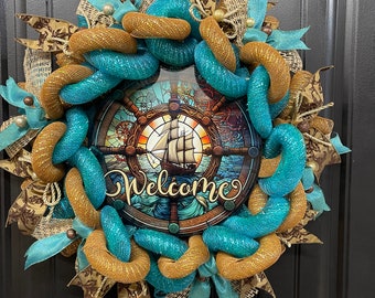 Nautical Sailing Ship Welcome Wreath, Gift For Him, Beach Front Door Decor, Porch Decoration, Home Accent, KatsCreationsnMore