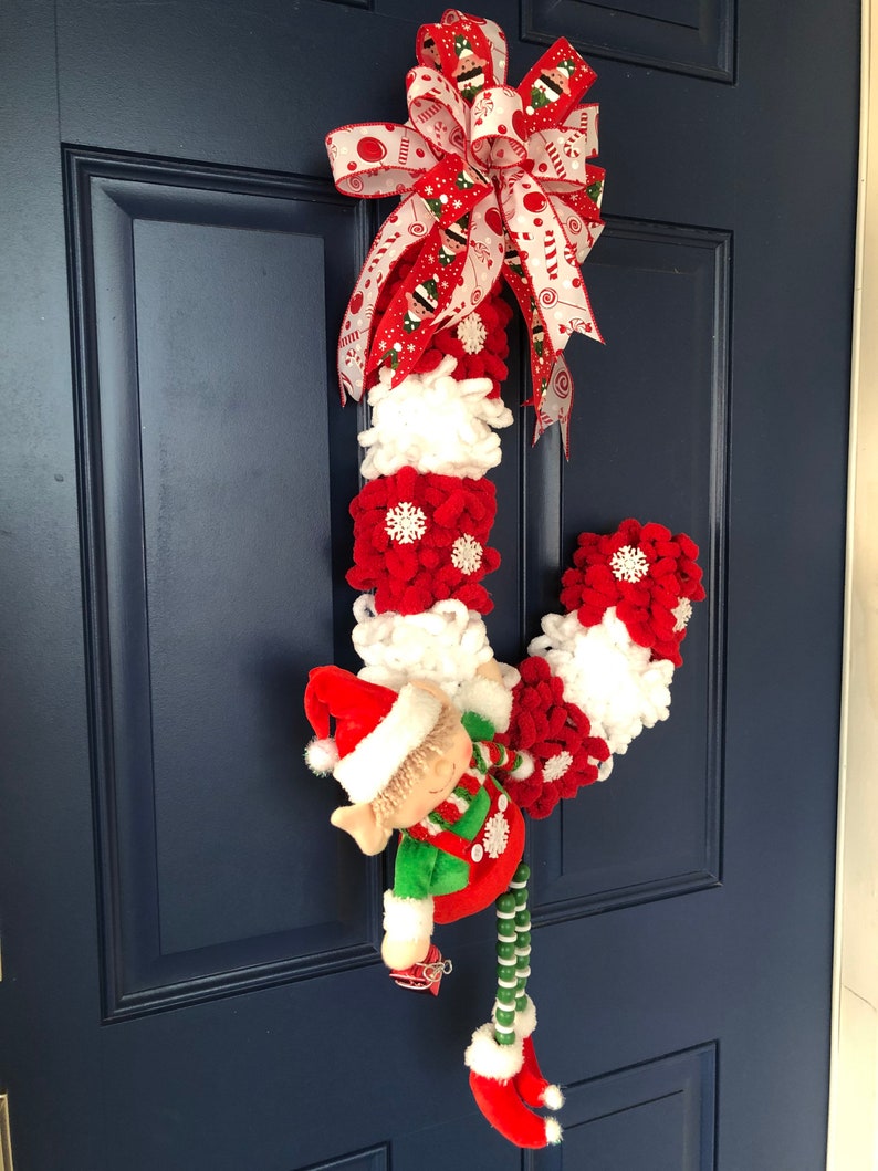 Christmas Boy Elf Candy Cane Wreath Yarn Xmas Holiday Front Etsy