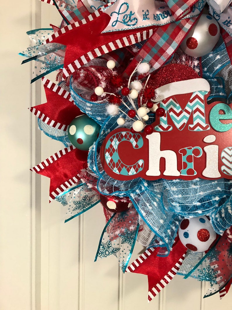 Kats Creations 777 Holiday Front Door Decor Merry Christmas Wreath Red Blue White Xmas Wreath