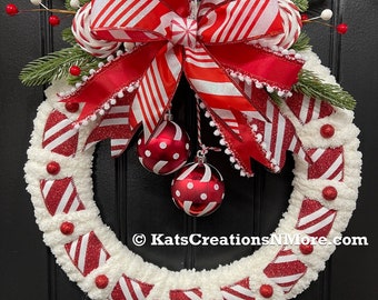 Christmas Candy Cane Wreath, Winter Holiday Home Decor, Chenille Yarn Decoration, Seasonal Peppermint Wall Hanging, KatsCreationsNMore