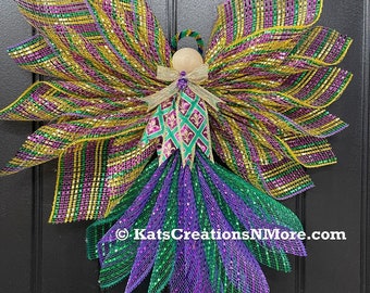 Mardi Gras Angel Wreath, Fat Tuesday Front Door Décor, Seasonal Decoration, Jester Louisiana Holiday, Wall Hanging, KatsCreationsNMore
