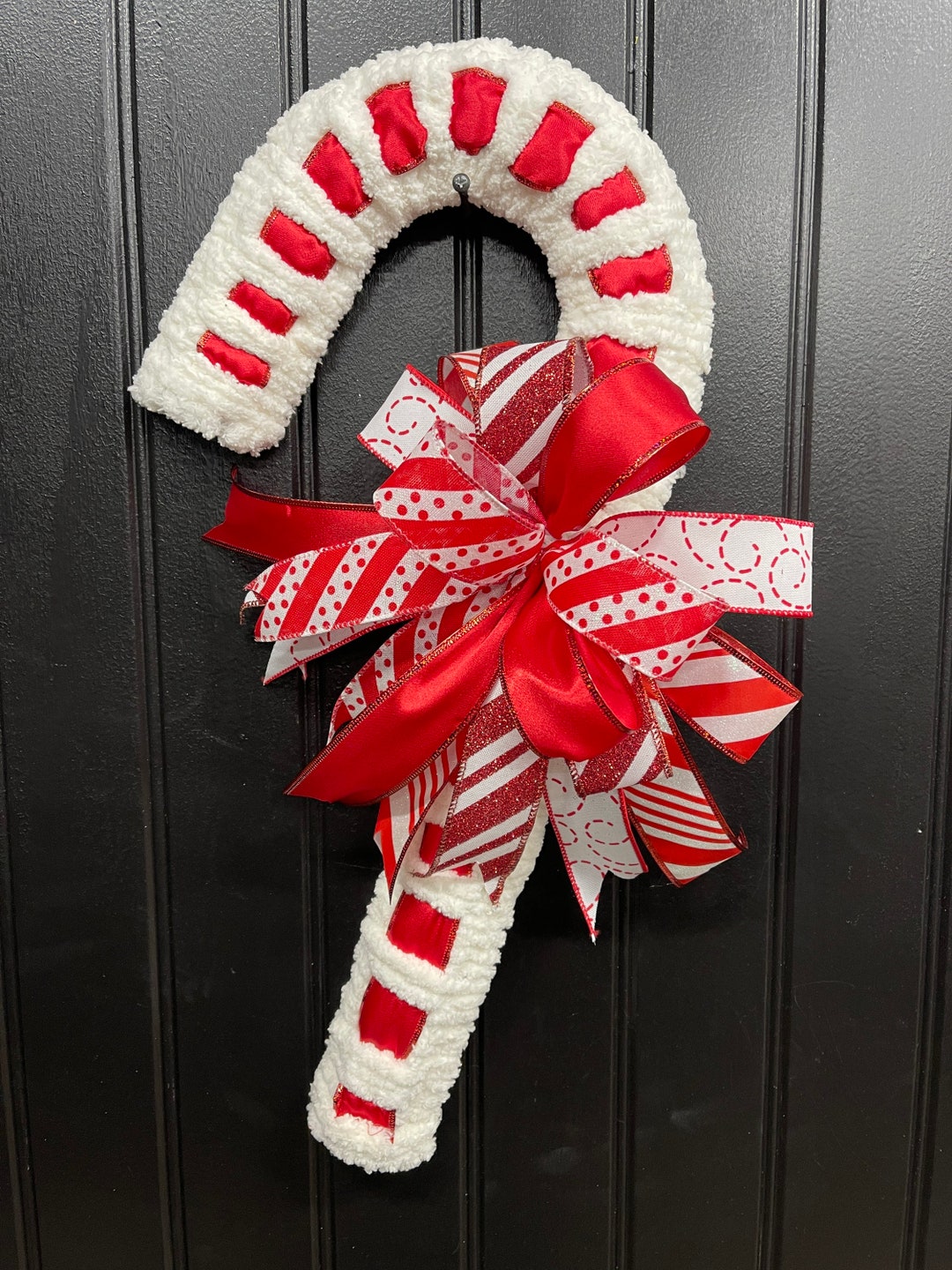 Candy Cane Yarn and Ribbon Wreath Christmas Front Door Decor Etsy