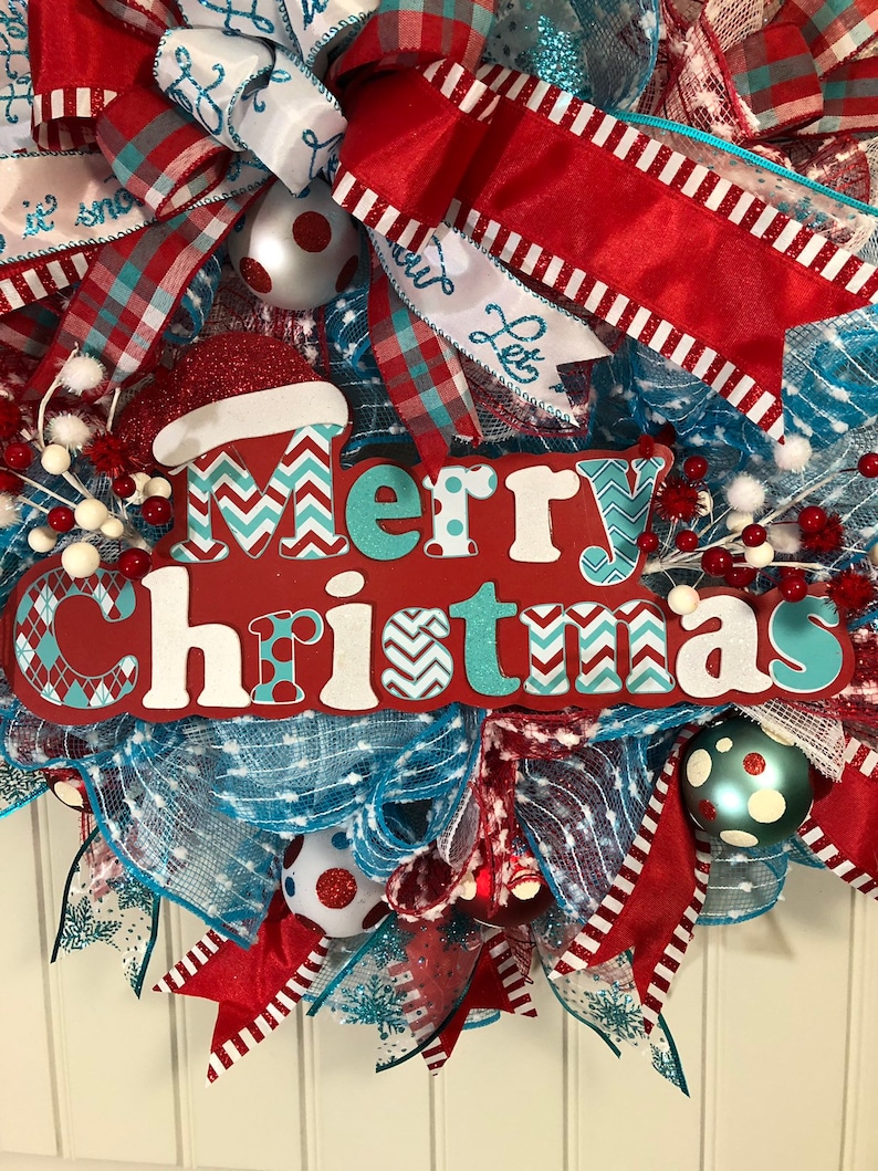 Kats Creations 777 Holiday Front Door Decor Merry Christmas Wreath Red Blue White Xmas Wreath