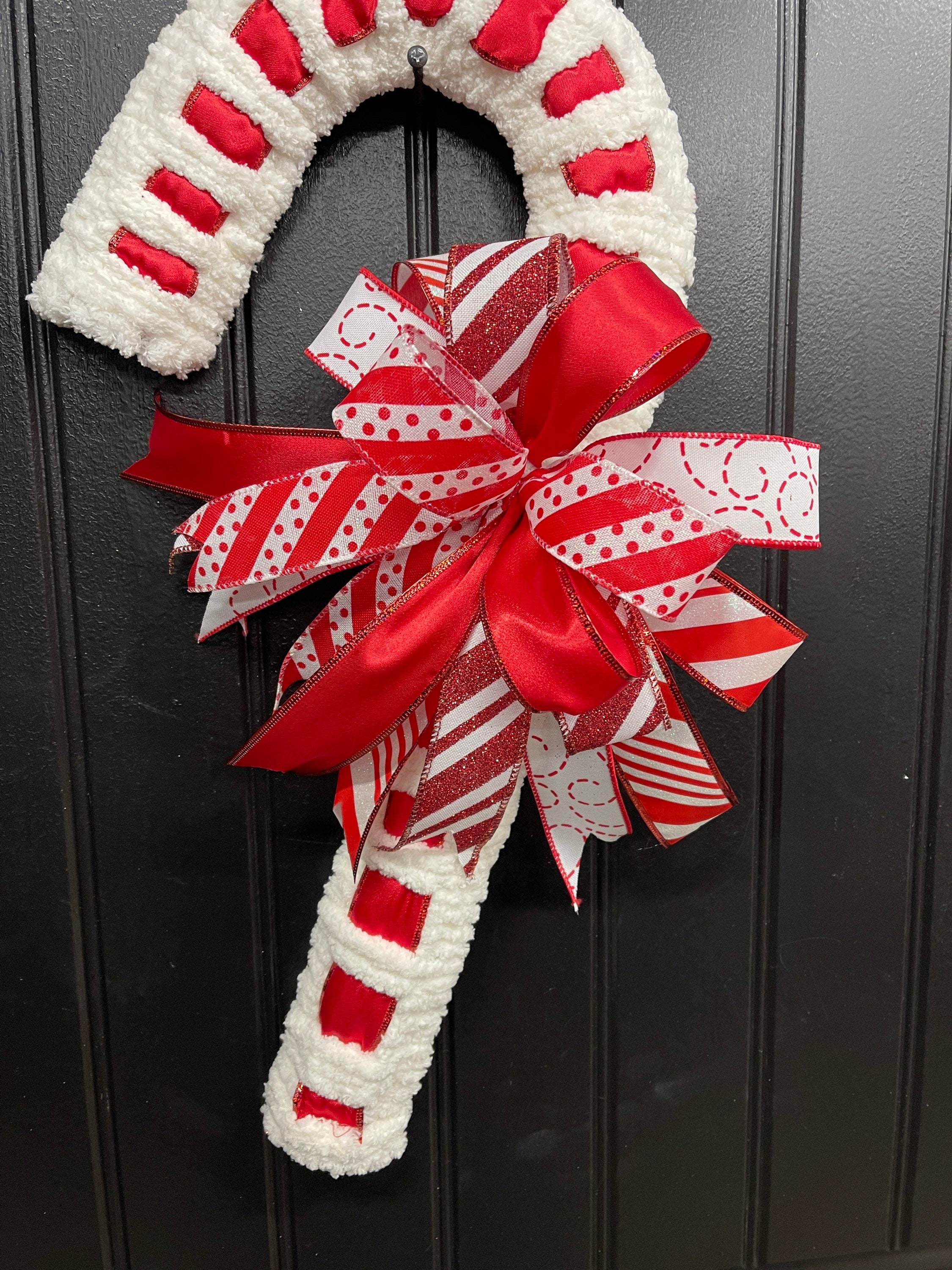 Candy Cane Yarn and Ribbon Wreath, Christmas Front Door Decor, Seasonal ...