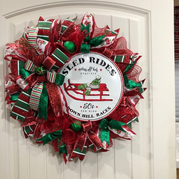 Traditional Merry Christmas Wreath, Vintage Sled Rides Front Door Decor, Seasonal Winter Decoration, Holiday Door Hanger, Kats Creations 777