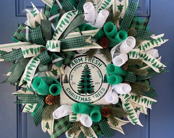 Country Christmas Tree Farm Wreath, Holiday Pine Front Door Decor, Seasonal Porch Decoration, Xmas Wall Hanger, Kats Creations Wreaths