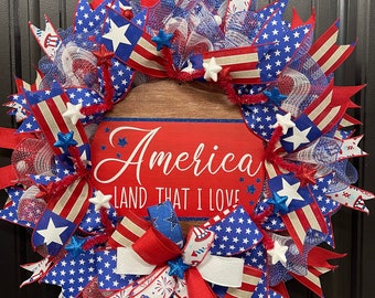 Patriotic America Land That I Love Wreath, 4th of July Front Door Decor, Memorial Day Porch Decoration, Everyday Wall Hanger, Kats Creations