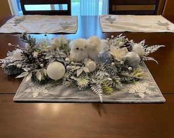 Winter Snow Owl Centerpiece, Christmas Table runner, Holiday Home Decor, Gift For Her, Ready To Ship, KatsCreationsNMore