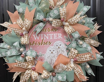 Winter Snow Owl Wreath, Christmas Front Door Decor, Seasonal Porch Decoration, Home Accent Wall Hanging, KatsCreationsNMore