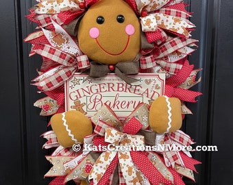 Gingerbread Girl Cookie Christmas Wreath, Seasonal Front Door Decor, Xmas Cookie Door Swag Hanger, Holiday Decoration, KatsCreationsNMore