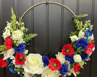 Patriotic Floral Hoop Wreath, 4th of July Front Door Decor, Memorial Day Wall Hanger, Seasonal Porch Decoration, KatsCreationsNMore