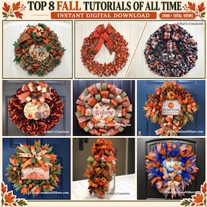 Könnte beinhalten: Ein digitaler Download-Leitfaden mit dem Titel TOP 8 FALL TUTORIALS OF ALL TIME, der acht verschiedene dekorative Kränze zeigt. Die Sammlung umfasst verschiedene Designs mit Bändern, Kürbissen und herbstlichem Laub in Orange-, Braun-, Grün- und Blautönen.