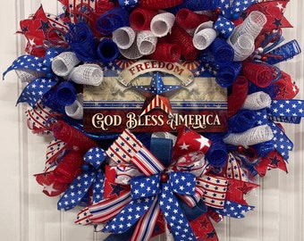 God Bless America Patriotic Wreath, 4th of July Front Door Decor, Memorial Day Porch Decoration, Religious Wall Hanging, KatsCreationsNMore