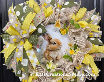 Spring Bunny Wreath, Easter Rabbit Front Door Decor, Seasonal Holiday Porch Decoration, Home Wall Hanger, KatsCreationsNMore