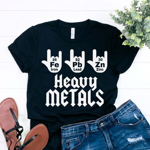 May include: A black t-shirt with a white graphic of the chemical symbols for iron, lead, and zinc, with the text "Heavy Metals" below. The shirt is being modeled with denim shorts and sandals.